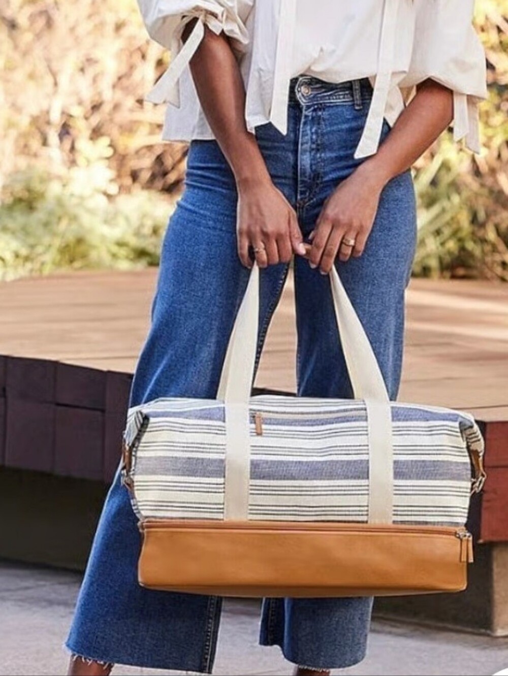 DSW Blue and White Striped Canvas Travel Duffel with Tan Base